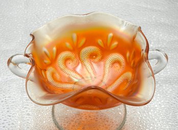 G176 Early Dugan Question Marks Carnival Glass Footed Bowl