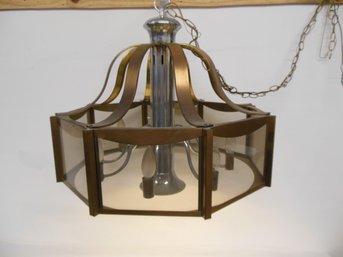 Mid Century 8 Light Enclosed Brass & Chrome Chandelier - Working