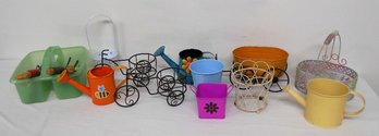 Bright & Colorful Spring Indoor Planter Assortment Including Figural Bikes & Wagon Plus Gardening Tools