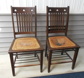 Pair Of Interesting Oak & Cane Seat School Chairs 19th Century