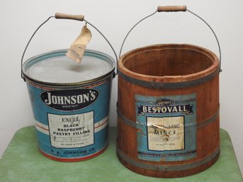 Lot Of 2 Old Metal & Wooden Johnsons Food Advertising Buckets