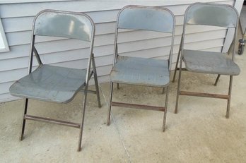 Trio Of Mid-century Industrial Gray Metal Folding Chairs - Steampunk Industrial Look