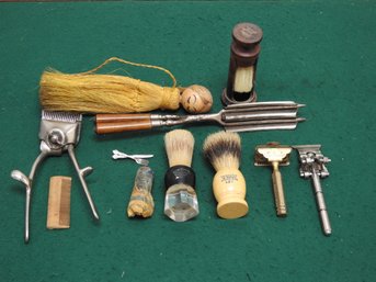 Antique Barber Shop Lot Horse Hair Brushes Razor And More