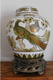 A Hand Painted Imari Ginger Jar With Matching Lid On Bronze Base, Very Attractive.