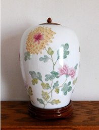 A Gallery Originals Pink, Green & Yellow Chrysanthemum Decorated Ginger Jar Base On Wooden Stand