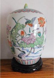 A Richly Decorated Chinese Porcelain Lidded Vase In Pinks, Greens & Oranges Of Poppy's, Butterflies And Frogs