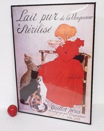 A Framed French Poster Advertising Sterile Milk With Little Girl Drinking From The Bowl With Cats Looking On