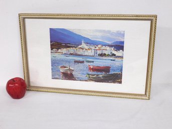 A Print By Ezequiel Torroella Mat Of Boats In The Water With City In Background - Mediterranean, Spain, Etc..
