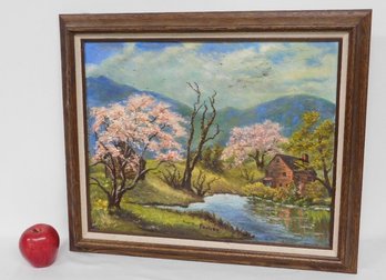 MCM Era Dorothy Paulsen (American, 20th C.) Signed O/B Painting Of Flowering Trees With Mountains
