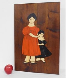 A Folk Art Painted Panel Of Two Sisters? On Pine, Signed Clayben
