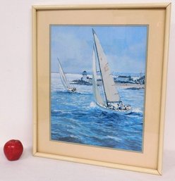 A Vintage Framed Print Of Sailboats Leaving The Harbor Near The Light House