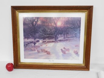 A Cold Winter Country Print Of A Sheep Farmer Feeding The Flock Near Sunset - Day's End