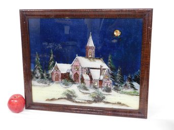 A Late 19th / Early 20th C. Reverse Paint On Glass Of A Snowy Church Titled Christmas Eve