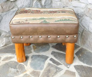 A Wild Western Themed Stagecoach Decorated Ottoman Or Hassock On Tree Trunk Legs