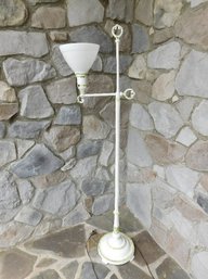 A Country White Floor Lamp With Milk Glass Upturned Shade