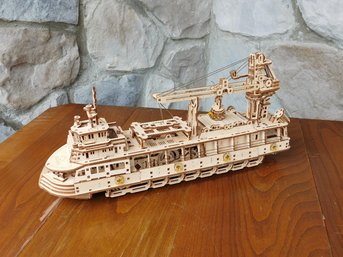 A UGears 3 Dimensional Mechanical Research Vessel & Harbor Crane All In One!