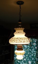 A Vintage Blue & White Hanging Hurricane Shade Style Light Fixture