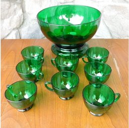 An Anchor Hocking Forest Green Punchbowl Set With 8 Cups & Base