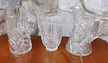 A Group Of 3 Large Crystal Water Pitchers Including Two EAPG C.1900's...