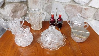 A Selection Of EAPG Serving Pieces - Spooners, Covered Butter Dish, Bowls, Cruets, Etc..