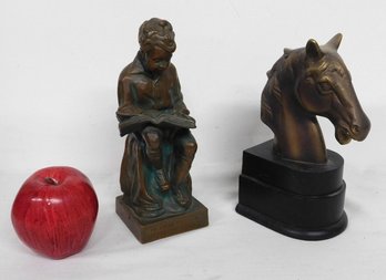 A Pair Of Decorative Figural Bronzes, One Of A Reading Child, Another A Horsehead