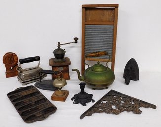 A Mixed Lot Of Antique & Vintage Country Smalls - Washboard, Coffee Mill, Drugstore Bell, Sad Irons & More