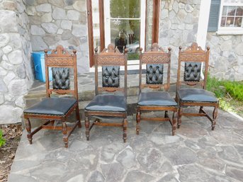 4 Hollywood Regency / Gothic Style Dining Chairs W/black Leather Seatsback Pads.