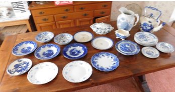 A Table Lot Of Primarily 19th / Early 20th C. Blue & White, Flow Blue & More