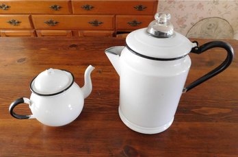 Two Vintage White Granite Ware Percolator Coffee Pot And A Teapot W/black Edging