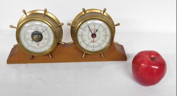 Mid Century Airguide Desktop Ships Porthole Or Ships Wheel Barometer And Clock, Untested