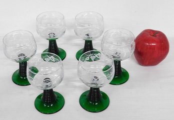 Six Bohemian Glass Green Stemmed Wines Or Cordials With Grape Etching