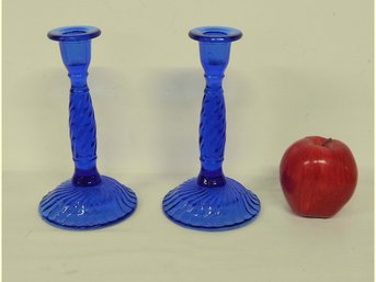 A Pair Of 8' Cobalt Blue Glass Candlesticks