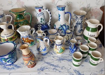 A Table Lot Of Mixed Portugese, Mexican And Italian? Colorful Pottery