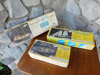 Three Vintage Wooden Ships Models In Their Boxes By Midwest Products, Inc.