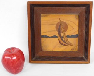 Inlaid Marquetry Veneer Sailboat On The Water, Signed