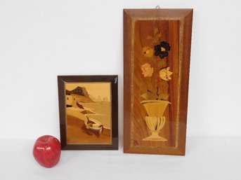Two Inlaid Wooden Veneered Clear Coat Lacquered Plaques