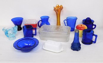 A Lot Of Vintage Primarily Depression Era Colored Glass, Creamers, Bowls, Shakers, Vases & More