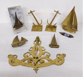 A Brass Nautical Themed Lot Includes Bookends, Large Sextant, Sailboat Sculptures, Etc.