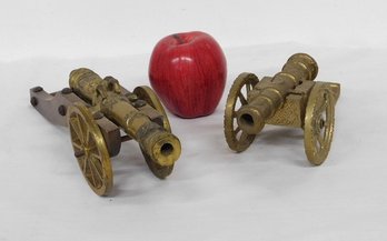 Two Bronze Colonial Era Replica Cannon's On Wooden Carriages