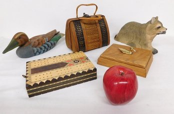 A Selection Of Wooden Decorative Objects, Carved Alaskan Bear, Cribbage Board, Carved Duck Etc.
