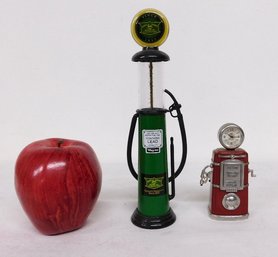 A John Deere Toy's Gravity Gas Pump And Diecast Gas Pump Clock