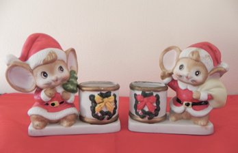 Pair Of Adorable Vintage Enesco Christmas Mice Ceramic Candle Holders