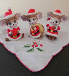 Three Cute Vintage Ceramic Christmas Mice Figurines