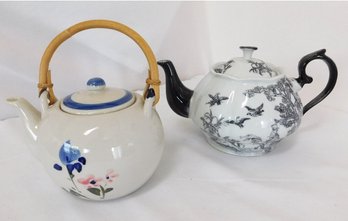 Two Collectible Asian Themed Teapots, One With Bamboo Wrapped Wooden Handle