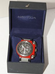 Cool Looking Large Faced Metal Nautica Watch In Case