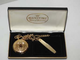 Vintage Majestime Gold Tone Pocket Watch & Knife In Case
