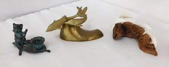 Three Small Sculptures In Bronze, Brass And Wood - Porpoises And A Cat