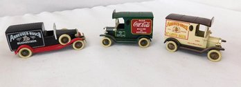 Three Diecast Advertising Collectible Cars Two Budweiser And One Coca Cola