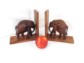 A Pair Of Carved Wooden Elephant Bookends