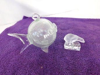 A Goebel Glass Bear And The Coolest Blown Glass Puffer Fish With Hanging Loop & Carbon Flecks In Glass